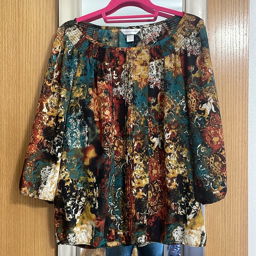 Christopher & Banks Large earth tone blouse round neck elastic bottom and cuffs